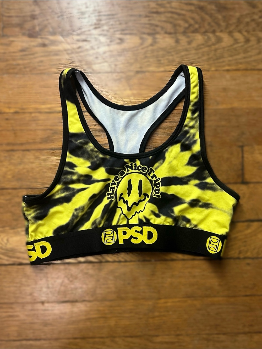 PSD Black and Yellow Tie-Dye Sports Bra with Smiley Print